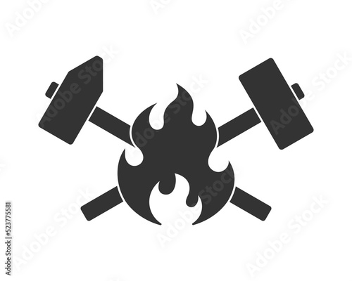 Blacksmith shop graphic label. Forge symbol with forging hammers and fire. Vector illustration