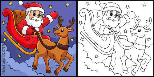 Christmas Santa Sleigh And Reindeer Coloring Page 