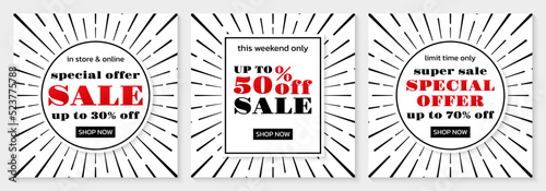 Sale banner set. Discount poster or background with special offer, price off signs. Square promotion social media banners. Advertising, business, promo flyer or coupon design. Vector illustration.