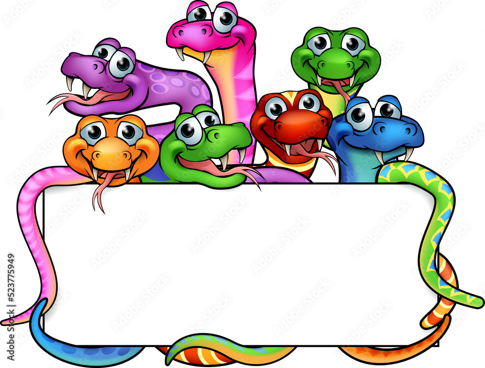 Naklejka premium A cartoon snakes sign with cute friendly snake characters