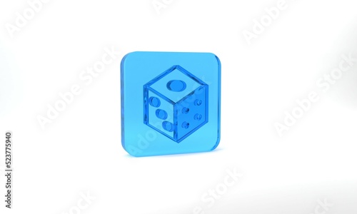 Blue Game dice icon isolated on grey background. Casino gambling. Glass square button. 3d illustration 3D render