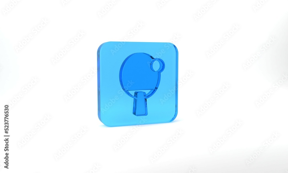 Blue Racket for playing table tennis icon isolated on grey background. Glass square button. 3d illustration 3D render Blue Racket for playing table tennis icon isolated on grey background. Glass square button. 3d illustration 3D render