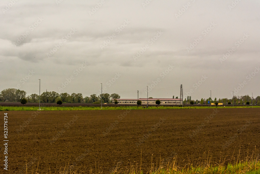 View of a field prepared to be planted near Meolo Town, Veneto, Italy.
