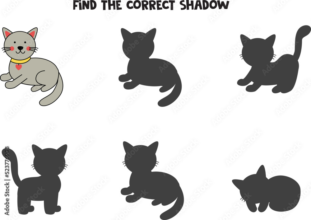 Find the correct shadows of cute gray cat. Logical puzzle for kids.