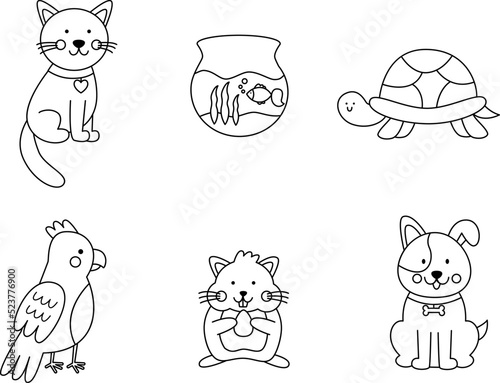 Set of cute pets in cartoon style. Coloring page for kids.