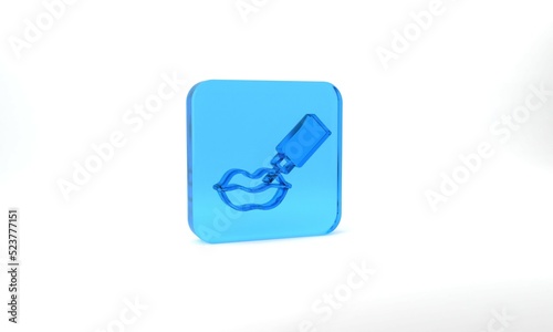 Blue Lip augmentation icon isolated on grey background. Hyaluronic acid lips injection. Contour plastic. Glass square button. 3d illustration 3D render