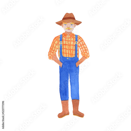 Male farmer in hat. Watercolor illustration isolated on white