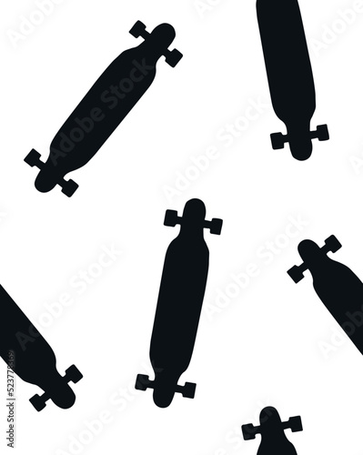 Vector seamless pattern of hand drawn longboard skateboard silhouette isolated on white background