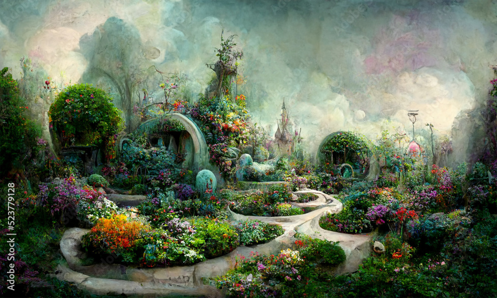 Obraz premium surreal fantasy dream world fairytale background, digital illustration