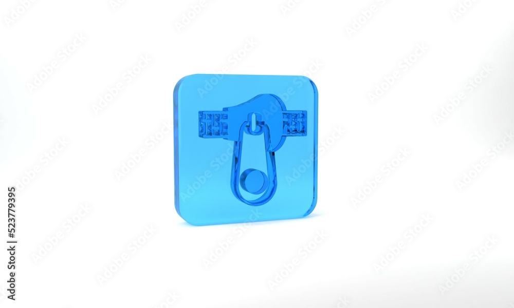Blue Zipper icon isolated on grey background. Glass square button. 3d illustration 3D render Blue Zipper icon isolated on grey background. Glass square button. 3d illustration 3D render