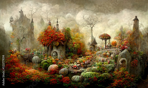 fantasy dreamland  world,  fairytale background, lush vegetation, digital illustration photo
