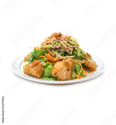 Fried fish with spicy herbs salad die cut on white isolated