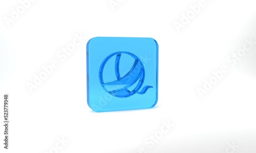 Blue Yarn ball icon isolated on grey background. Label for hand made, knitting or tailor shop. Glass square button. 3d illustration 3D render © Iryna