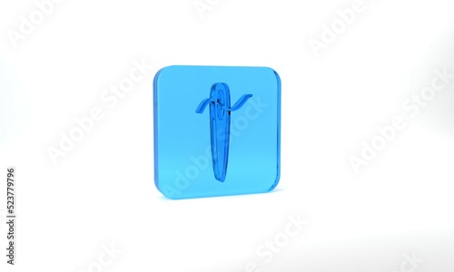 Blue Needle for sewing with thread icon isolated on grey background. Tailor symbol. Textile sew up craft sign. Embroidery tool. Glass square button. 3d illustration 3D render
