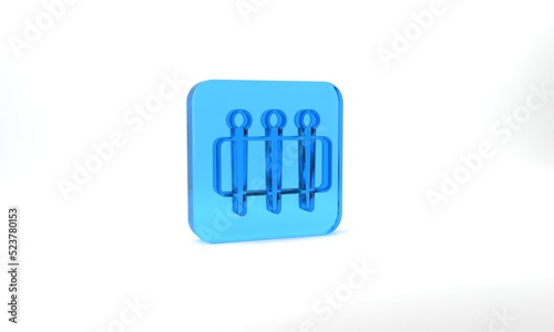 Blue Needle for sewing icon isolated on grey background. Tailor symbol. Textile sew up craft sign. Embroidery tool. Glass square button. 3d illustration 3D render
