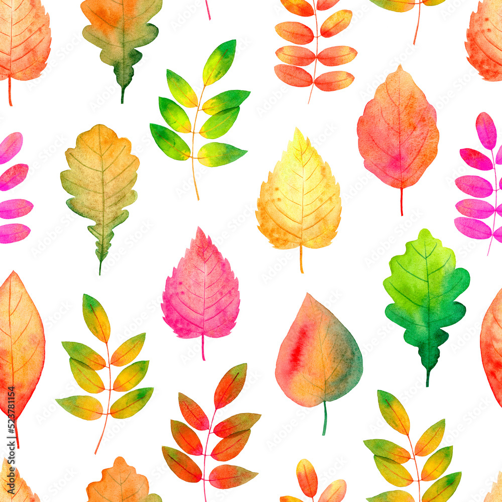 Obraz premium Seamless pattern watercolor autumn leaves on a white background. Red, yellow, green leaves