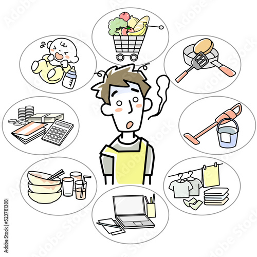 家事育児仕事で疲れ切っている若い男性の上半身