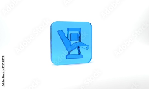 Blue Medical dental chair icon isolated on grey background. Dentist chair. Glass square button. 3d illustration 3D render