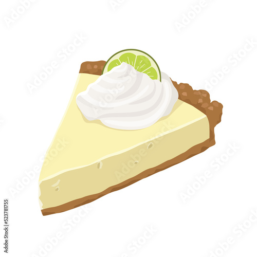 One piece of traditional key lime pie american sweet cheesecake pie cream on top on plate. Flat vector illustration isolated on white background