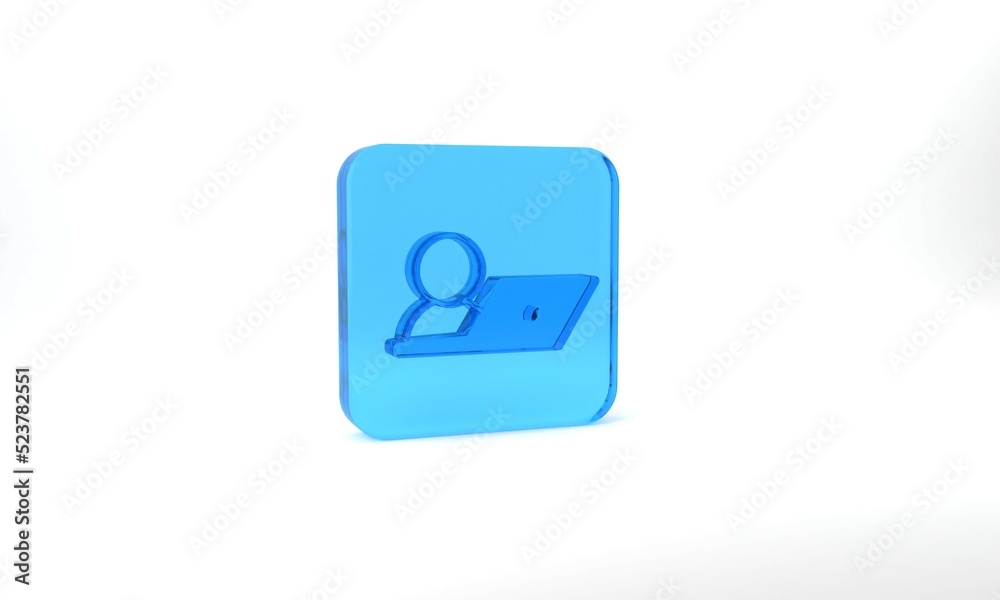 Blue Video chat conference icon isolated on grey background. Online meeting work form home. Remote project management. Glass square button. 3d illustration 3D render