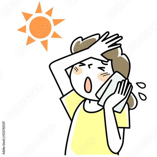 太陽の下で暑さに困っている女性の上半身