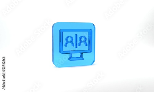 Blue Video chat conference icon isolated on grey background. Online meeting work form home. Remote project management. Glass square button. 3d illustration 3D render
