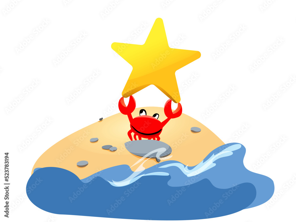 Vector red cute crab stands on the beach, holds a large yellow star in its claws, waves beat, water splashes. Vector red cute crab stands on the beach, holds a large yellow star in its claws, waves beat, water splashes.