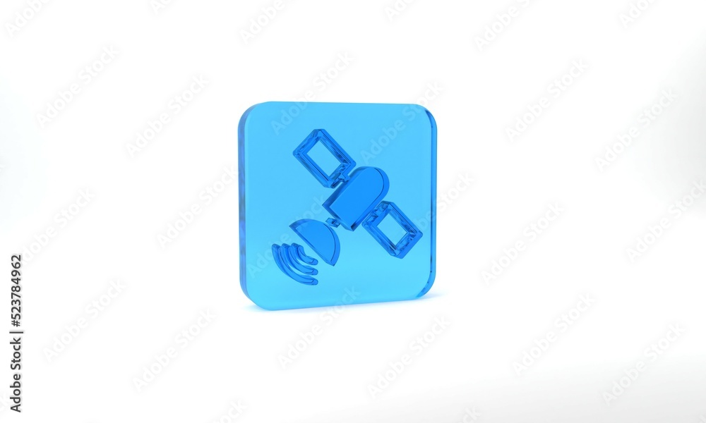 Blue Satellite icon isolated on grey background. Glass square button. 3d illustration 3D render Blue Satellite icon isolated on grey background. Glass square button. 3d illustration 3D render