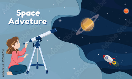 Cute vector template with an illustration of a girl with a telescope racket and a planet on a colored background. Flat clean space design for cosmonautics day. Thematic banner.