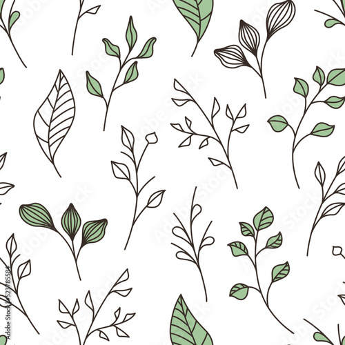 Vector simple seamless pattern with stylized leaves, branches. Bright graphic illustration perfect for fabric design, textile, wrapping paper, wallpaper, decoration of card, cover, packaging. © Gulsim
