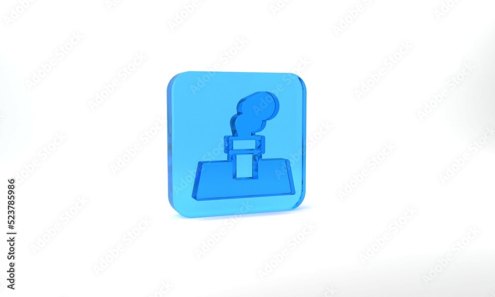 Blue Christmas chimney icon isolated on grey background. Merry Christmas and Happy New Year. Glass square button. 3d illustration 3D render Blue Christmas chimney icon isolated on grey background. Merry Christmas and Happy New Year. Glass square button. 3d illustration 3D render