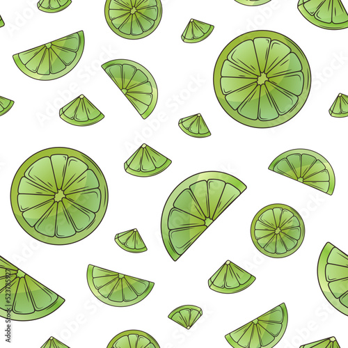 Vector seamless pattern with slice of lime isolated on white background. Hand-drawn bright illustration for fabric, packaging design, decoration of cover, textile. Fruit pattern.