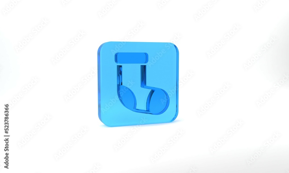 Blue Christmas stocking icon isolated on grey background. Merry Christmas and Happy New Year. Glass square button. 3d illustration 3D render Blue Christmas stocking icon isolated on grey background. Merry Christmas and Happy New Year. Glass square button. 3d illustration 3D render
