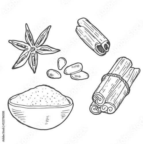 Vector illustration of a square format. Spices. For menus, coffee houses, postcards, print. Cinnamon sticks, star anise, cloves. Lineart on a white background. Banner.