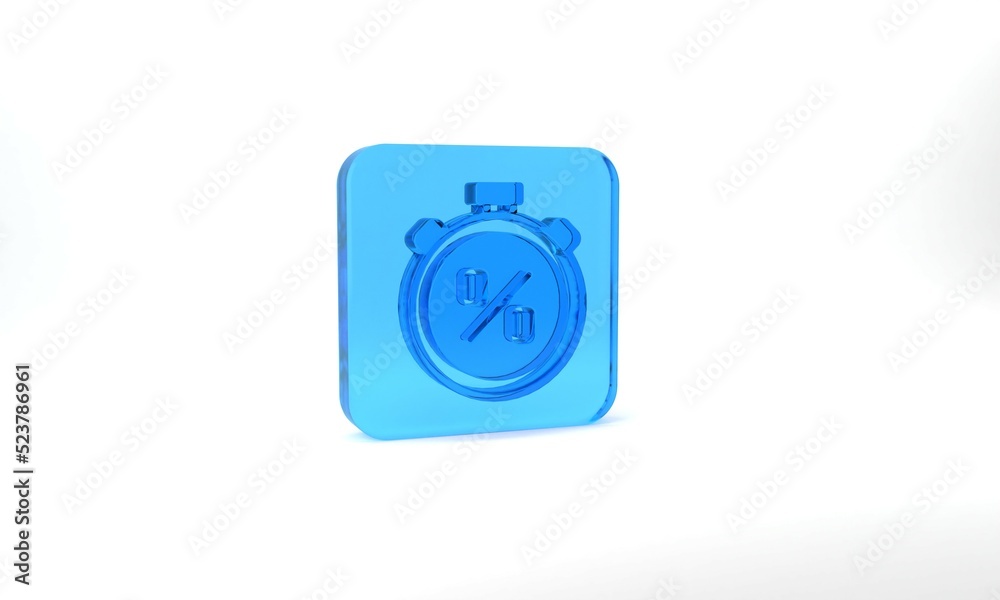 Blue Stopwatch with percent discount icon isolated on grey background. Time timer sign. Glass square button. 3d illustration 3D render Blue Stopwatch with percent discount icon isolated on grey background. Time timer sign. Glass square button. 3d illustration 3D render