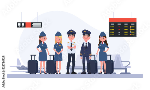 Group of pilots and flight attendants, air hostess. Flat design people characters.