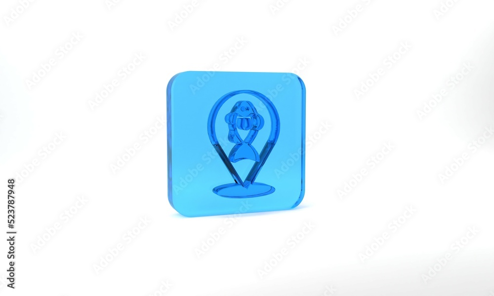 Blue Location fishing icon isolated on grey background. Fishing place. Glass square button. 3d illustration 3D render Blue Location fishing icon isolated on grey background. Fishing place. Glass square button. 3d illustration 3D render