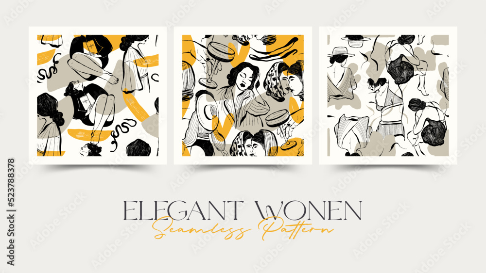 Modern abstract womens seamless pattern. Hand drawn outline trendy illustration. Black colors