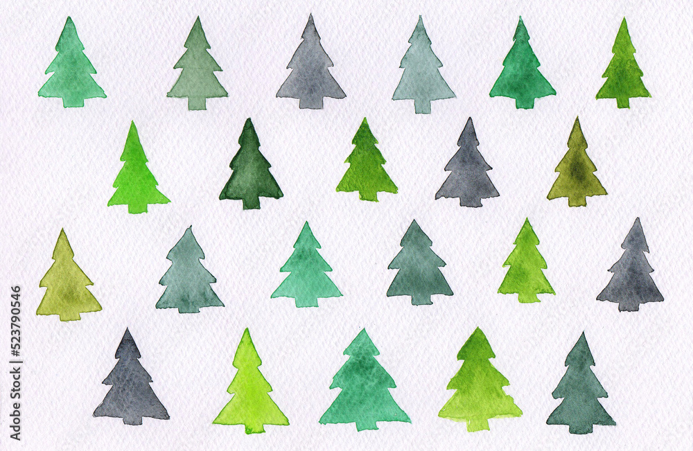 Set of watercolor Christmas trees. Happy New Year. Merry Christmas. Template for banner, greeting card, postcard, print.
