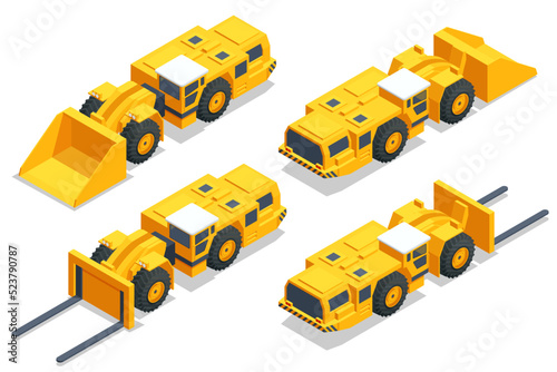 Isometric Underground Mining Trucks. Underground loader, excavator. Equipment for high-mining industry
