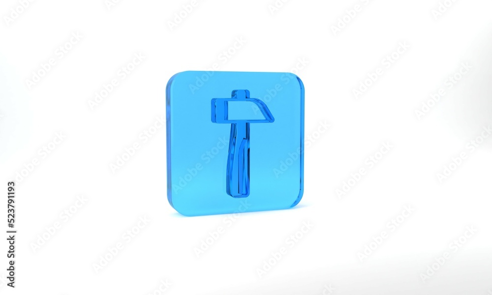 Blue Hammer icon isolated on grey background. Tool for repair. Glass square button. 3d illustration 3D render Blue Hammer icon isolated on grey background. Tool for repair. Glass square button. 3d illustration 3D render
