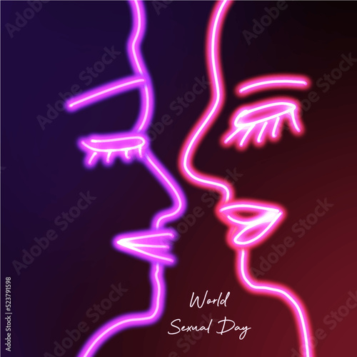 Abstract profile human faces couple of lovers in line art illustration in neon style on black color with text World Sexual Day