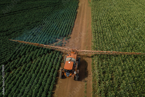 drone view with agriculture machines and cornfield