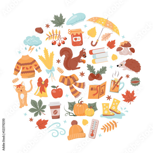 Fall season cute elements collection in round shape composition. Isolated on white background. Flat vector objects for autumn design.