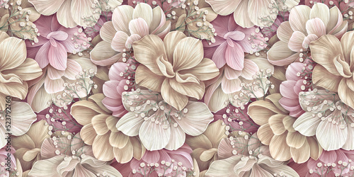 Floral art, tropical design, luxury wallpaper, 3d illustration, watercolor background. Delicate hydrangea, rose flowers in beige, pink, white pastel color. Premium mural, digital paper, cloth, textile