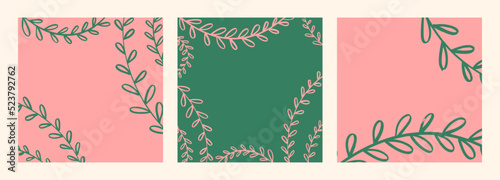 Floral invitation template. Cute ivy. Set of vector art templates, cartoon hand drawn.