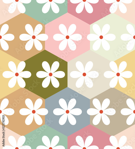 Abstract Geometric Hexagons Retro Daisy Flowers Pastel Colors Seamless Pattern Minimal Sweet Concept Perfect for Allover Fabric Print or Wrapping Paper 