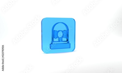 Blue Ringing alarm bell icon isolated on grey background. Fire alarm system. Service bell, handbell sign, notification symbol. Glass square button. 3d illustration 3D render