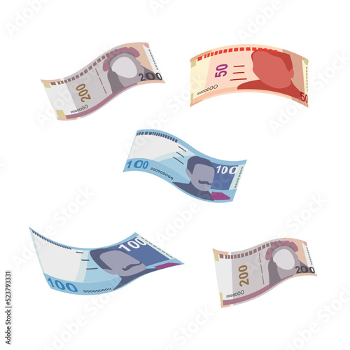 Peruvian New Sol Vector Illustration. Peru money set bundle banknotes. Falling, flying money 50, 100, 200 PEN. Flat style. Isolated on white background. Simple minimal design.