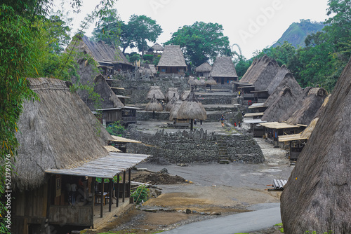 Bena a traditional village with grass huts of the Ngas people in Flores near Bajawa, Indonesia. Many small houses are made of natural parts like wood and straw. Giant volcano in the back photo